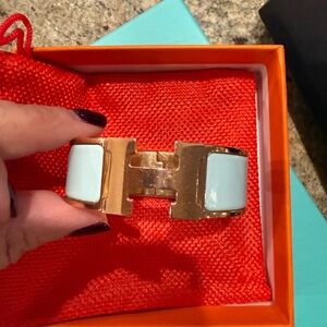 Hermes Gold and Light Blue H Click Wide PM Cuff Bracelet